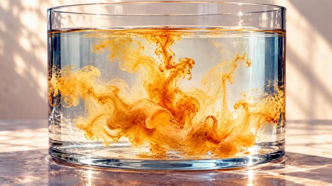 Goldene Farbwirbel unter ruhiger Wasseroberfläche in einem Glasgefäß.