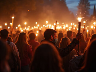 Menschen mit Lichtern im stillen Protest