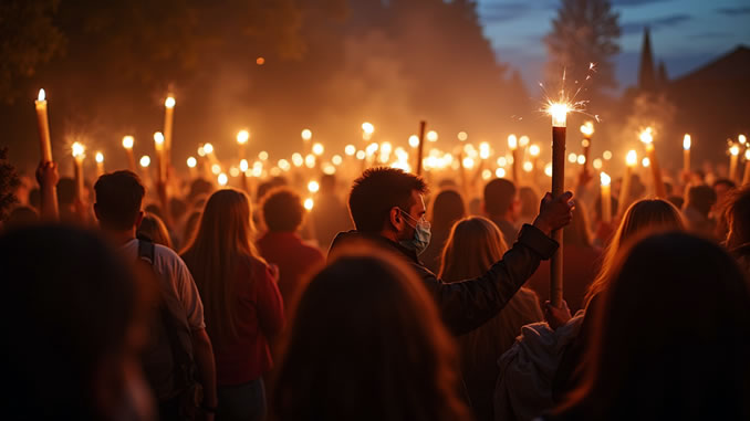 Menschen mit Lichtern im stillen Protest