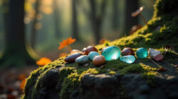 Das Fundament eines gelungenen Lebens Edelsteine liegen im Wald auf Moos
