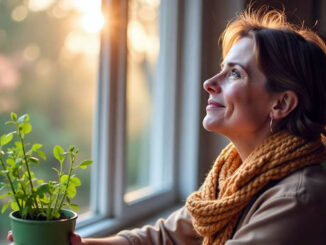 eine Frau sitzt am Fenster und lächelt