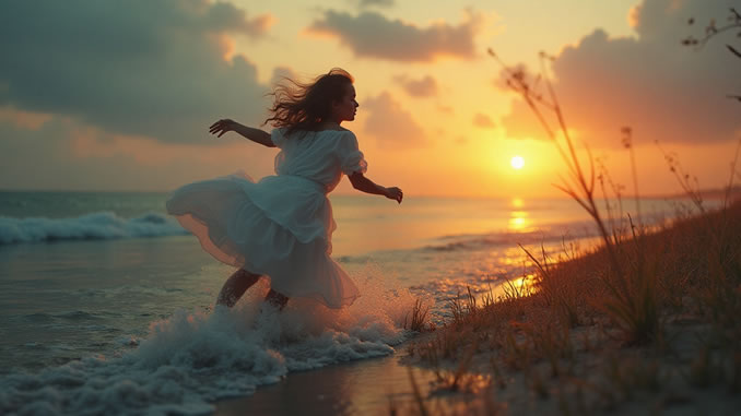 678-381-frau-laufen-sonnenuntergang-KI-FP eine Frau läuft am Strand im Sonnenuntergang