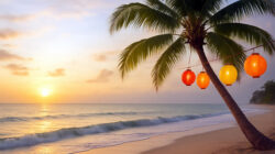 Digitale Oasen Lampions hängen in einer Palme am Strand