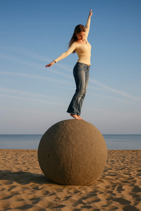 eine Frau balanciert am Strand auf einem Stein