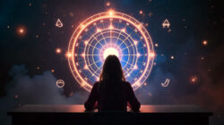 Online-Glücksspiel und Spiritualität Frau vor großem Bildschirm mit Symbolen
