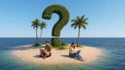 Insel mit Fragezeichen und Menschen mit Laptop