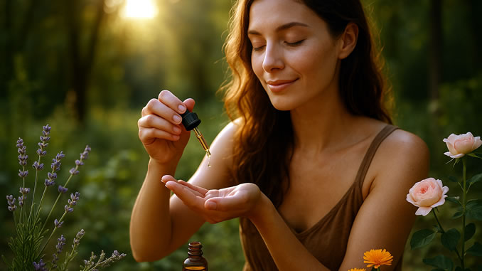 Pflanzenenergie in Naturkosmetik empfindet eine Frau in der Natur