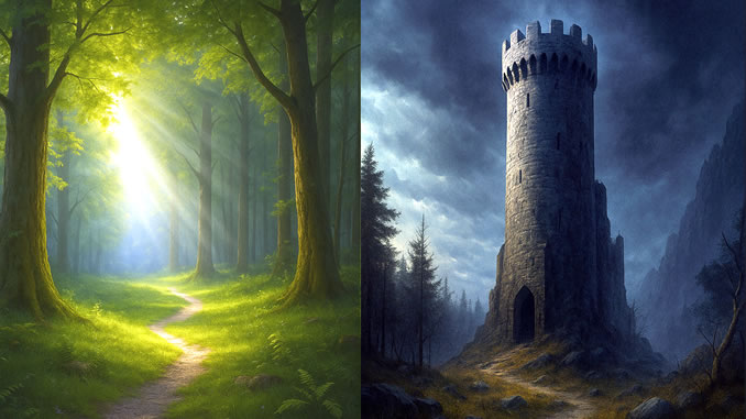 heller schöner Waldweg versus dunkler Turm