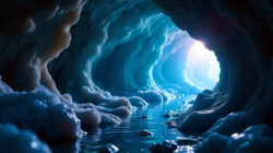 Eistunnel mit blauen Wänden ins Licht