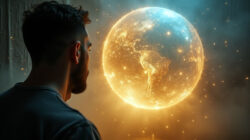 Holographisches Weltbild Mann betrachtet eine Weltkugel