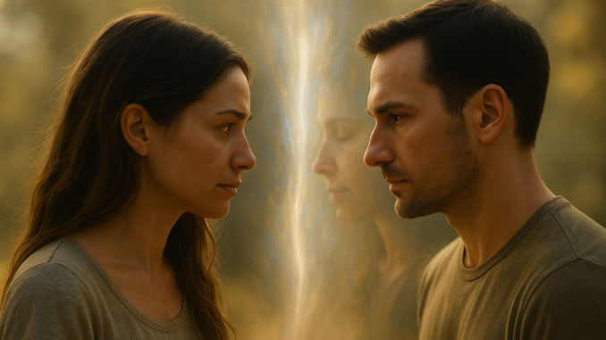 678-381-Spiegelpartner-mann-frau-anschauen-KI-CP Spiegelpartner Mann und Frau schauen sich an