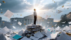 Staatsbürokratie am Beispiel von großem Papierstapel auf dem ein Mann steht