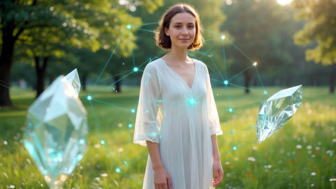 Kristallkörper-Aktivierung Frau mit sichtbarem Kristallkörper im Garten
