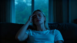 Migräne bei einer Frau auf dem Sofa