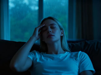 Migräne bei einer Frau auf dem Sofa