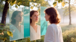 Spirituelle Identifikation Frau in der Natur vor einer Spiegelwand