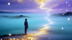 Neujahrsrituale Frau geht im Nebel im Vertrauen ihren Weg