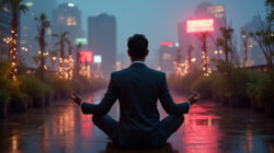 Meditation und Achtsamkeit eines Mannes, der auf der Straße sitzt