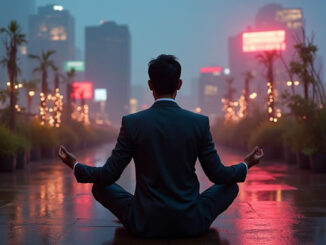 Meditation und Achtsamkeit eines Mannes, der auf der Straße sitzt