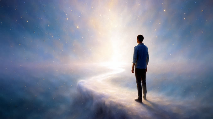 Mann geht im Nebel im Vertrauen seinen Weg