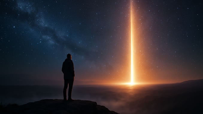 678-381-singularitaet-mann-universum-KI-CP Mann vor Lichtsäule in der Ferne