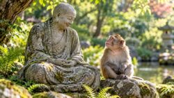 Spirituelle Arroganz - Neugieriger Affe neben lächelnder Steinmönchfigur im sonnigen Garten