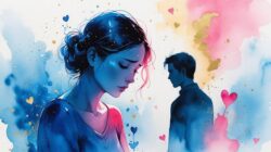 Warum gerate ich immer an den Falschen Traurige Frau mit Mann im Hintergrund