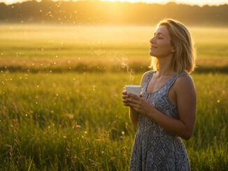 Frau mit Tasse Tee auf einer Wiese