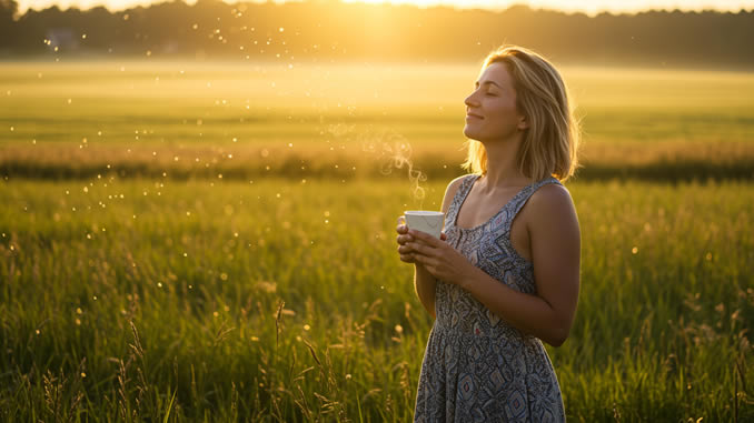 Frau mit Tasse Tee auf einer Wiese
