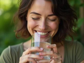 eine Frau trinkt mit Freude ein Glas Wasser