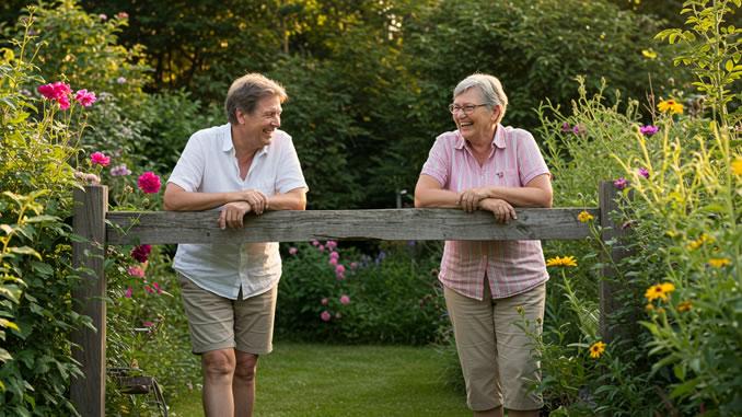 Nachbarn stehen lächelnd am Zaun