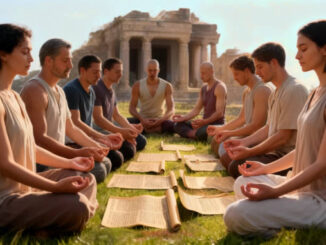 eine Gruppe meditiert mit alten Schriften