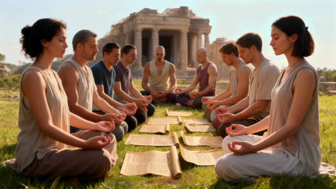 eine Gruppe meditiert mit alten Schriften