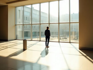 Mann steht in leerer öffentlicher Halle