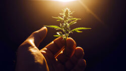 neue Achtsamkeit in der modernen Medizin Cannabis Blatt und Blüte in einer Hand