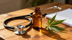 Heilpflanze Cannabis Blatt neben einem Stethoskop