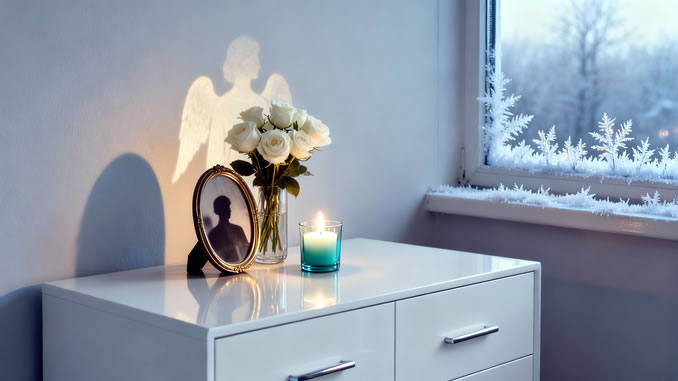 Warum die Geistige Welt im Dezember so nah an uns herantritt eine Kommode mit Foto und Engel