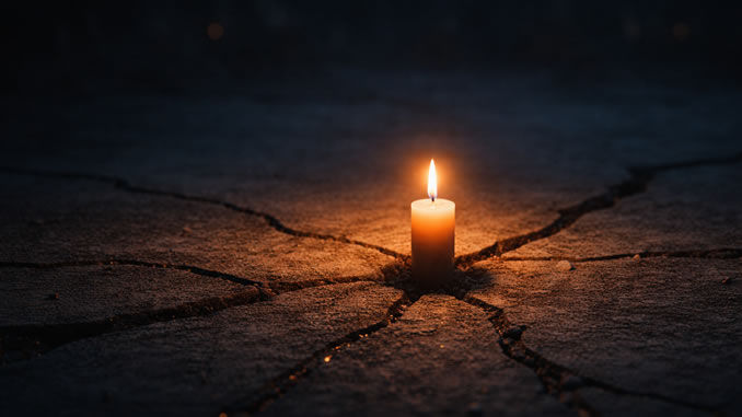 eine Kerze auf kaputtem Asphalt