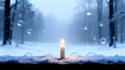 eine Kerze steht im Fenster im Wald