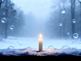 eine Kerze steht im Fenster im Wald