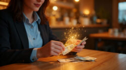 Verwandeln Sie Geldausgänge in Geldeingänge Frau mit strahlendem Geldschein