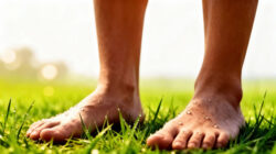 Kunst, gesund zu bleiben Füße im Tau auf einer Wiese