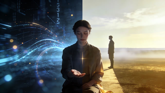 geteiltes Bild mit Mann und Frau, Technik und Gegend