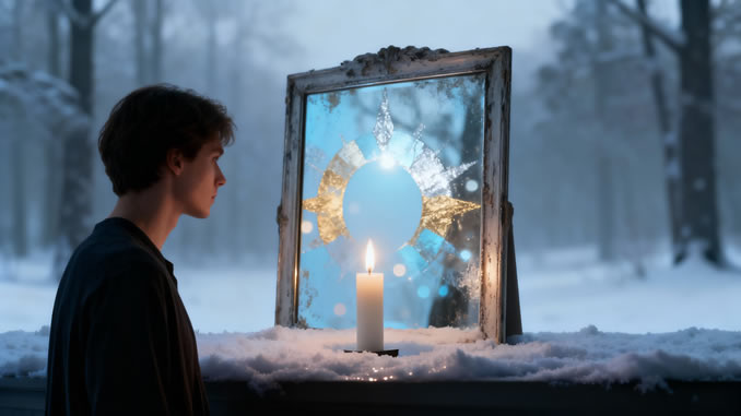 Junger Mann im Schnee vor einem Spiegel