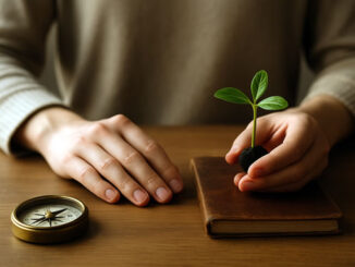 Mann mit Kompass und Pflanze