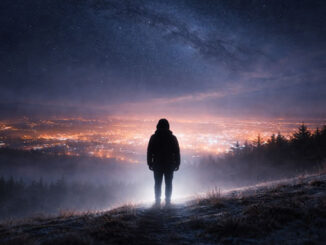 am Rande der Stadt steht ein Mensch und schaut