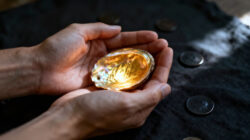 mit Dankbarkeit eine Perlmutt Muschel präsentieren