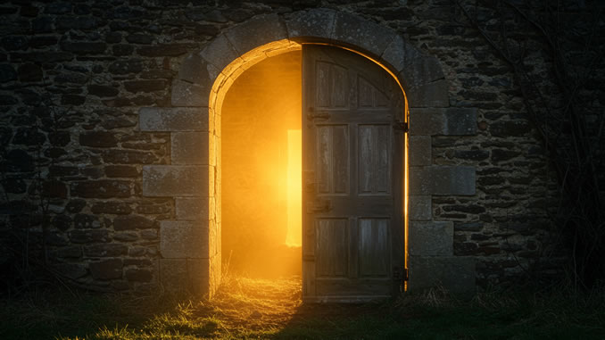 mystisches Tor mit warmem Licht dahinter