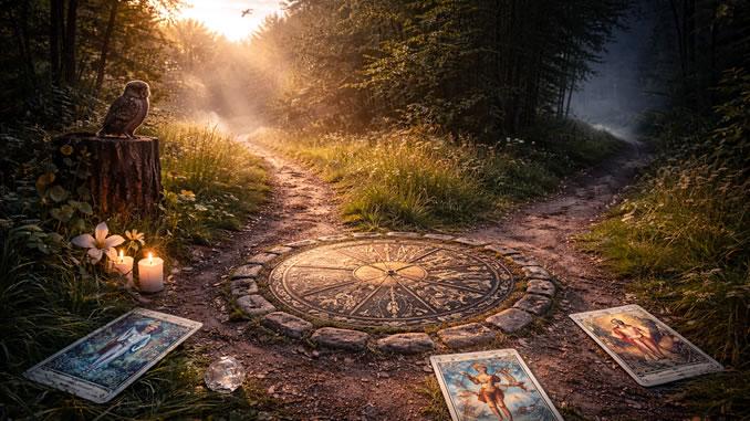 Weggabelung im Wald mit Elementen aus dem Tarot