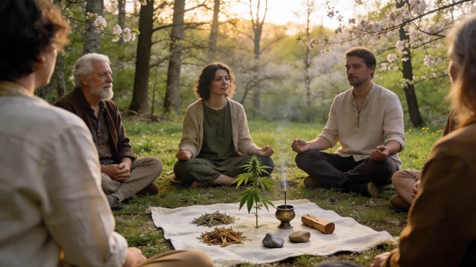 Gruppe auf einer Wiese beim Ritual